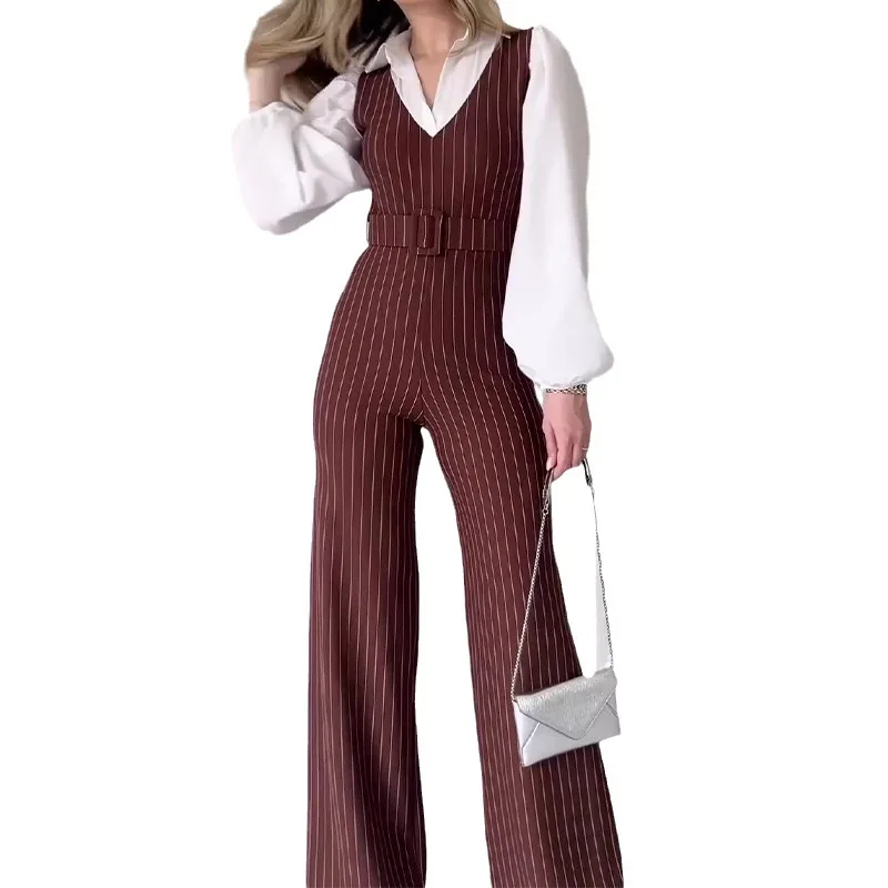 Mono elegante con pantalones para mujer, trajes de oficina coreanos para mujer, trajes a rayas de verano, mono de negocios Sexy para mujer