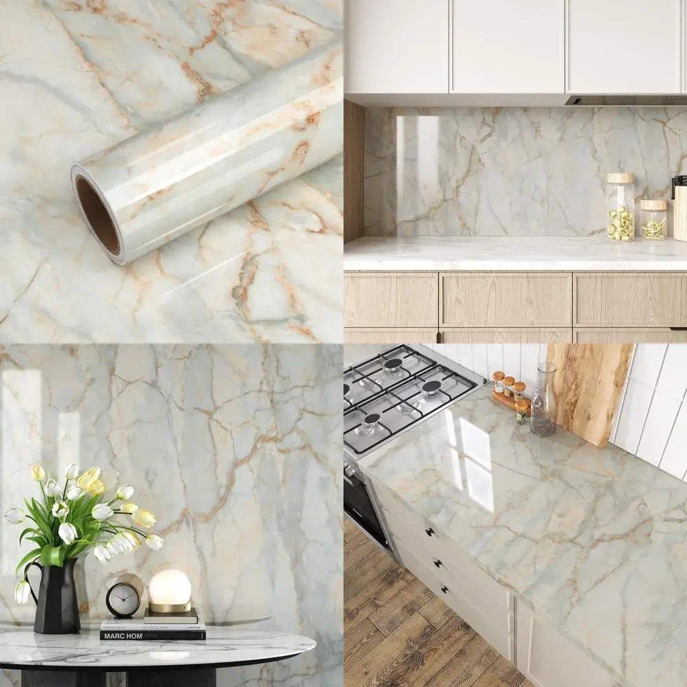 Extra Wide 32x354 High Gloss Blue Gold Marble Contact Paper Waterproof for Countertops, Easy Peel and Stick Marble Wallpaper