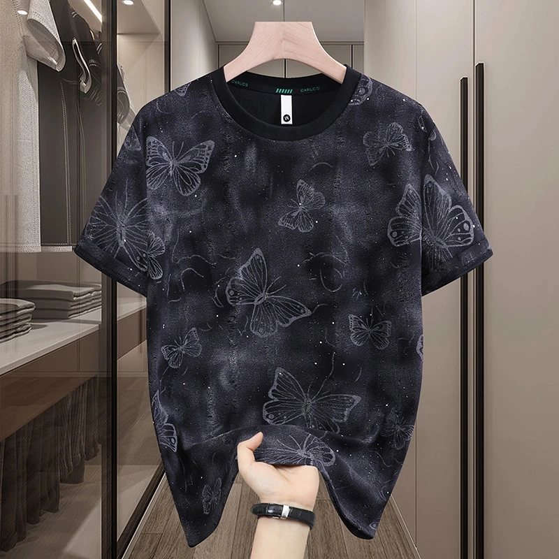 

Summer Round Neck Perforated Short Sleeved T-shirt for Men Korean Printed Fashionable T-shirt Casual Business Tee Tops M-4XL