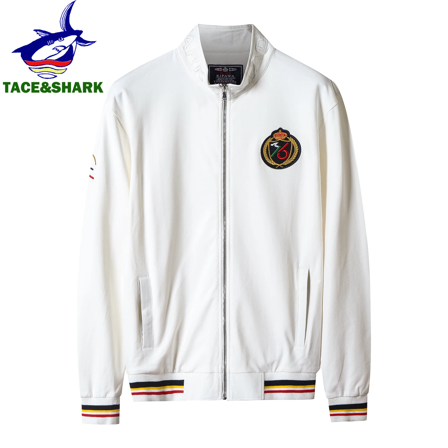 TACE&SHARK Casual Cotton Blue White Military Jacket Coats Fashion Zipper Jackets Men Embroidery Outerwear Clothing