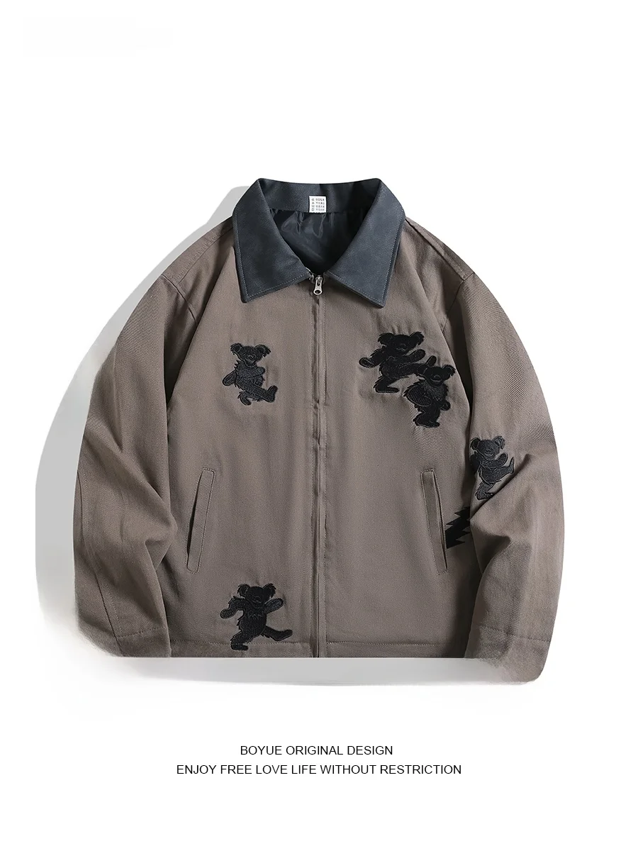 

Куртка Boyue осенне-зимняя с вышивкой медведя, контрастными цветами, в стиле рабочей одежды, с отложным воротником, повседневная верхняя одежда, длинная, на молнии