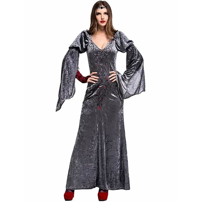 

Women's Wicked Queen Halloween Costume Dark Medieval Gray Embroidery Dress Gown for Cosplay