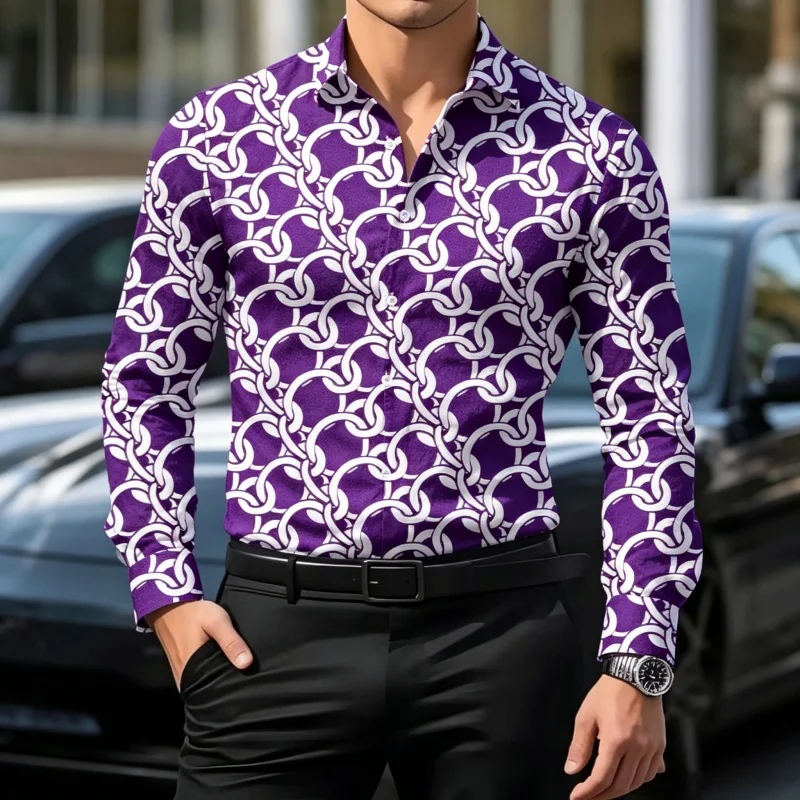 Chemise homme à manches longues imprimé chaîne, col montant, coupe ajustée, boutonnée, style décontracté, streetwear de luxe, hauts pour affaires et soirées