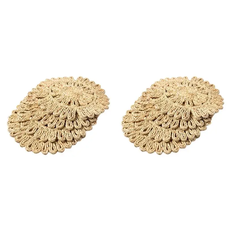 A19F-2X Round Woven Placemat For Dining Table,Natural Braided Rattan Tablemat Hollow Wicker Plates For Holiday Kitchen Mat