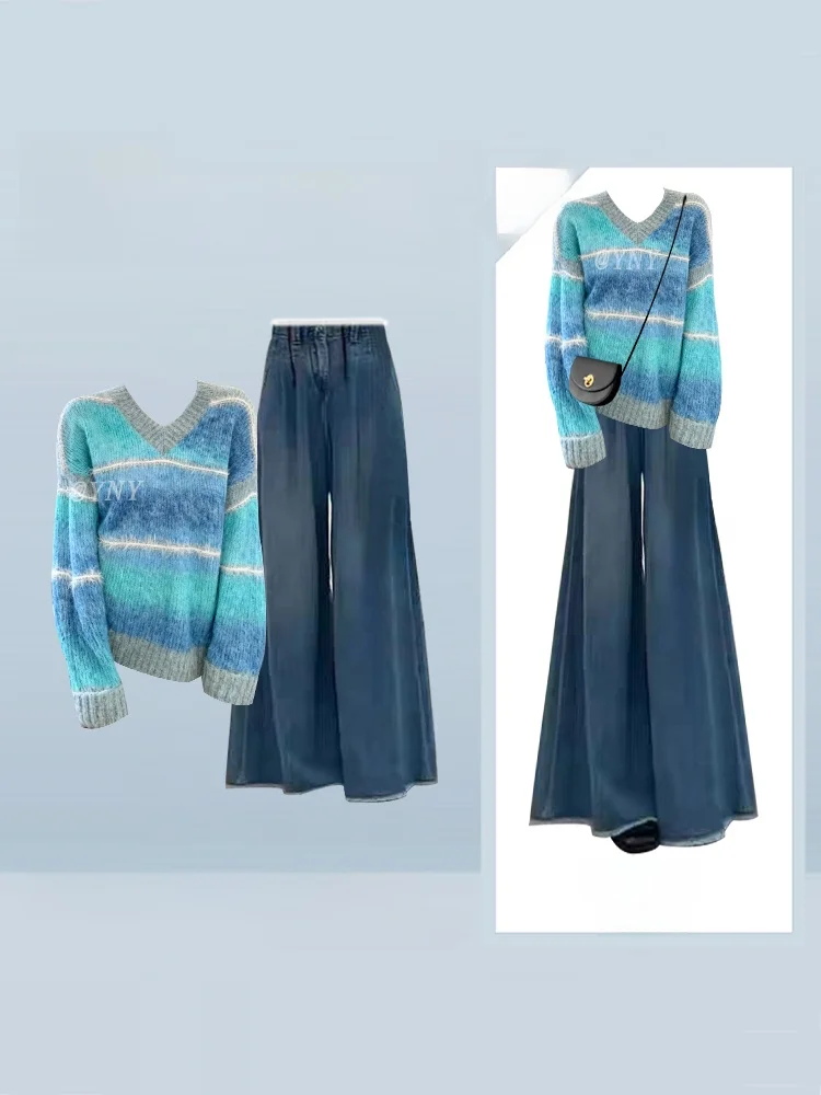 

Осенне-зимний корейский вязаный топ с v-образным вырезом и широкие джинсы с высокой талией, комплект из двух предметов для женщин, утягивающий наряд