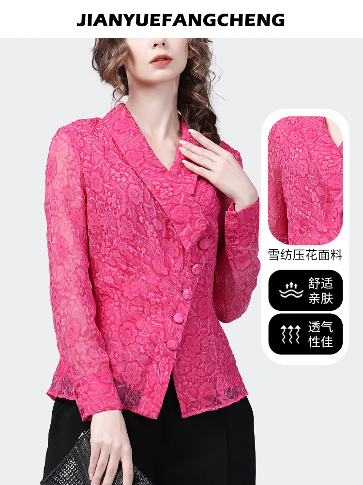 Fashion Magenta Floral Chiffon Blouse Women Spring Summer New Long Sleeve V-Neck Casual Shirt Irregular Button-down Ladies Top