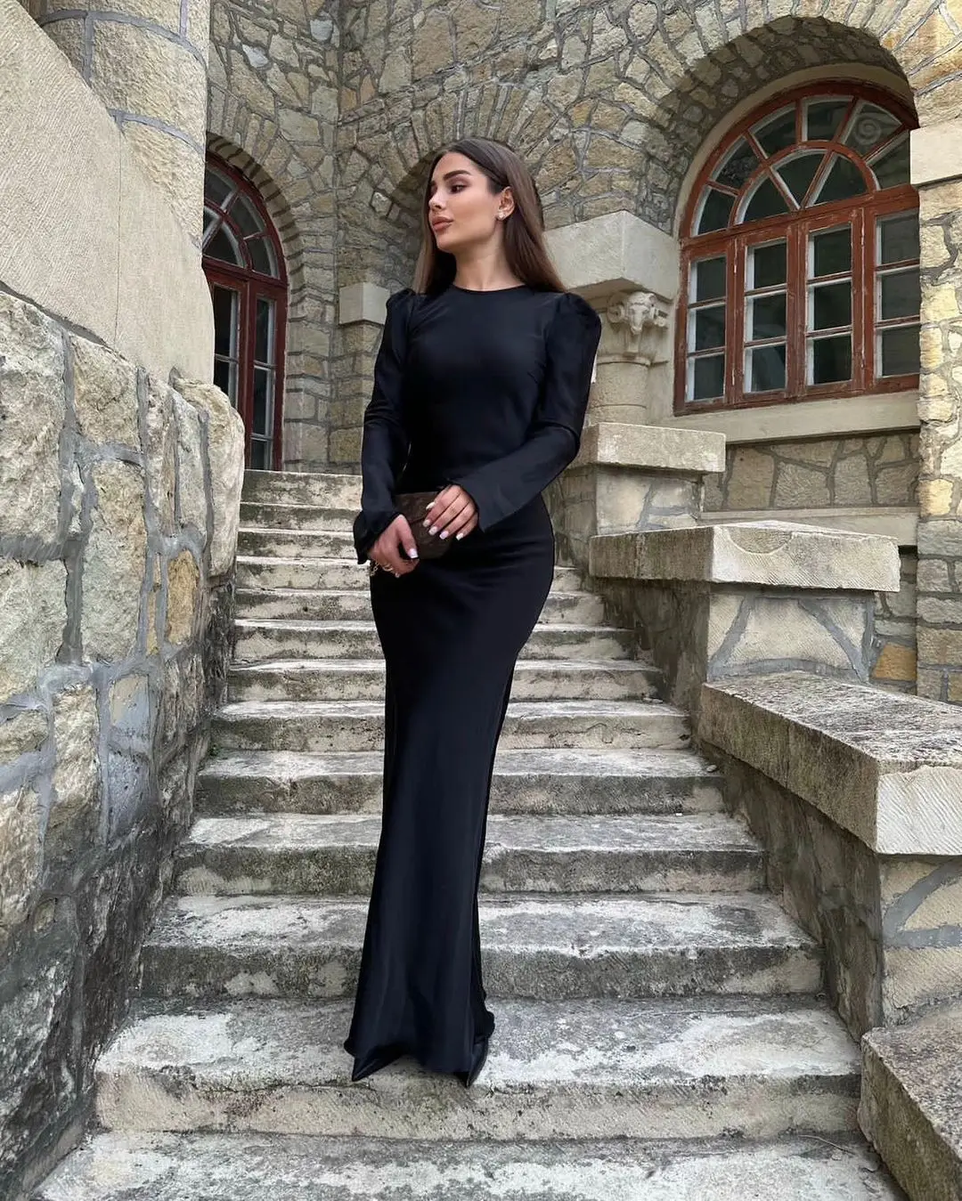 

Sapmae O-neck Full Sleeve Sheath Court Train Zipper Up Black Simple Prom Evenning Cocktail Formal Dress For Women In 2024