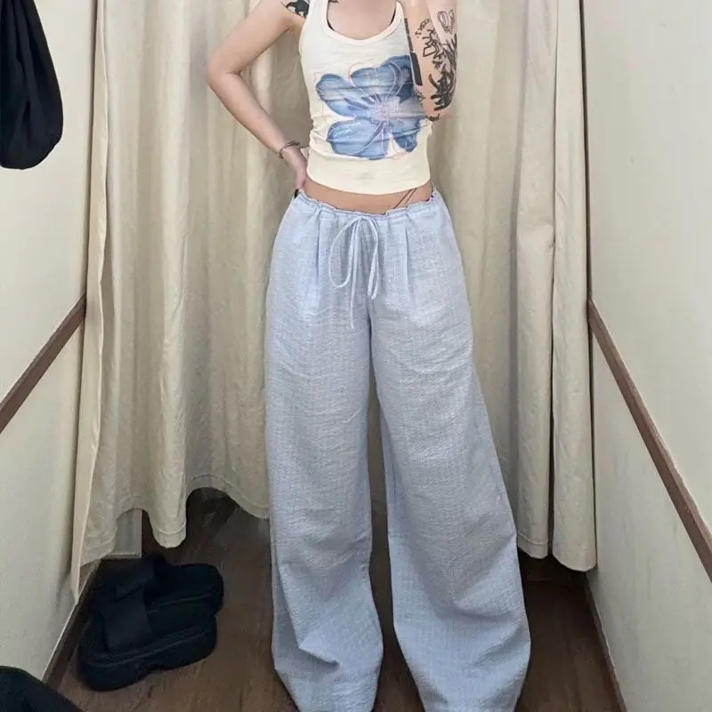 Deeptown Vintage Blue Plaid Wide Leg Women's Pants Summer Korean Fashion Straight Trousers Baggy Harajuku Commute Casual Thin