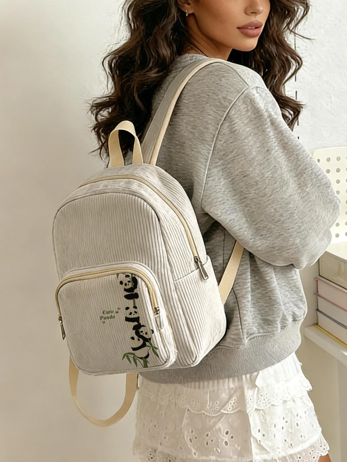 

Cute Stacked Pandas & Bamboo Print Women Fashion Backpack Corduroy Multi-pocket Large Capacity Commuter Bag