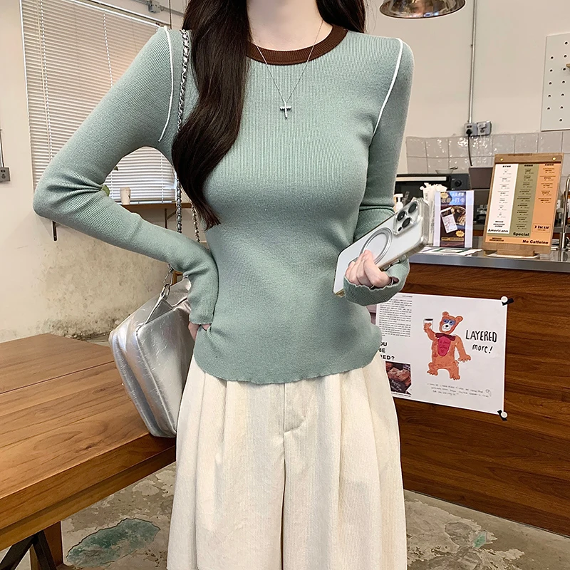 Autumn Winter New Women Sweater Korean Fashion Casual All Match Patchwork Slim Knitted Pullover Female O Neck Warm Jumpers