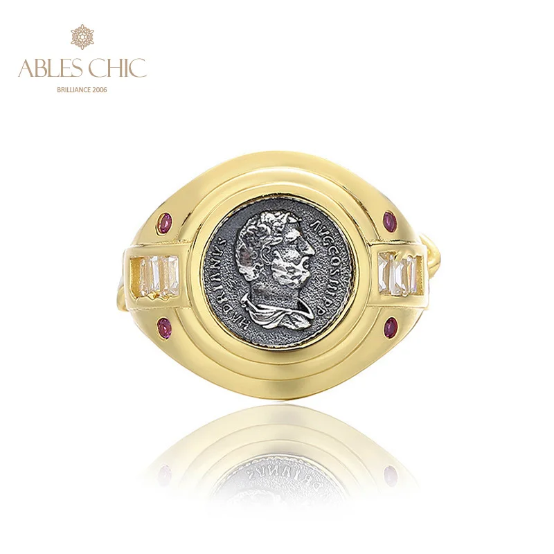 

Greek Hadrian Silver Coin 18K Gold Two Tone Solid 925 Silver Roman Coins Chained Vintage Ring R1015