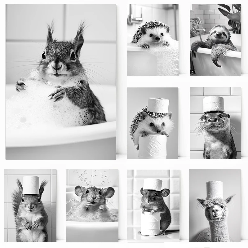 Black and White Cute Animal and Toilet Paper Poster cat hedgehog sloth Canvas Painting Wall Art Bathroom Living Room Home Decor