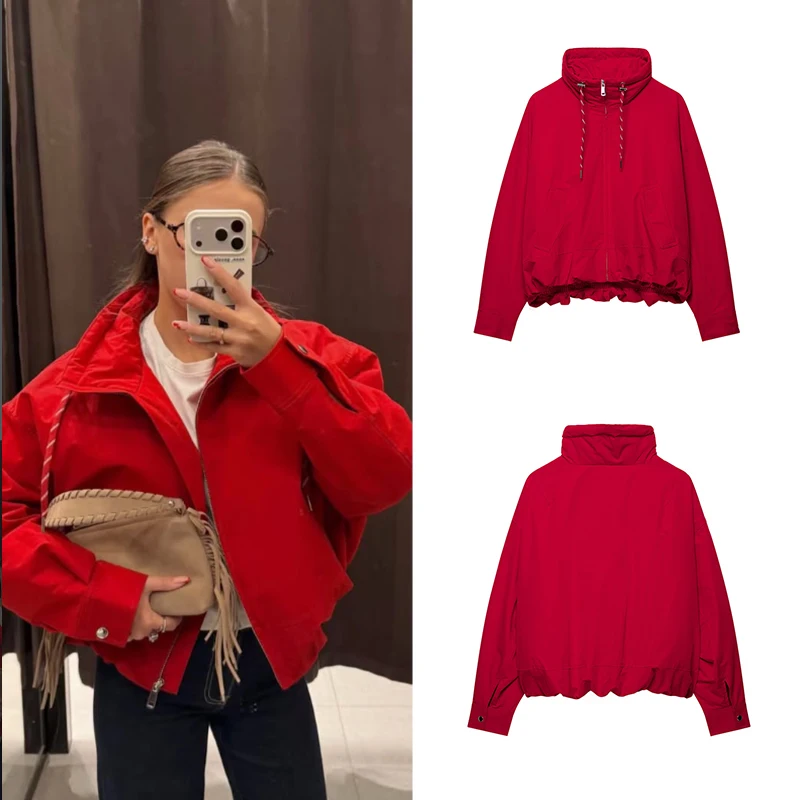 Women New Water Resistant Padded Jacket Stand Collar Drawstring Hem Zip Up Loose Long Sleeve Pocket Cropped Cotton Coat