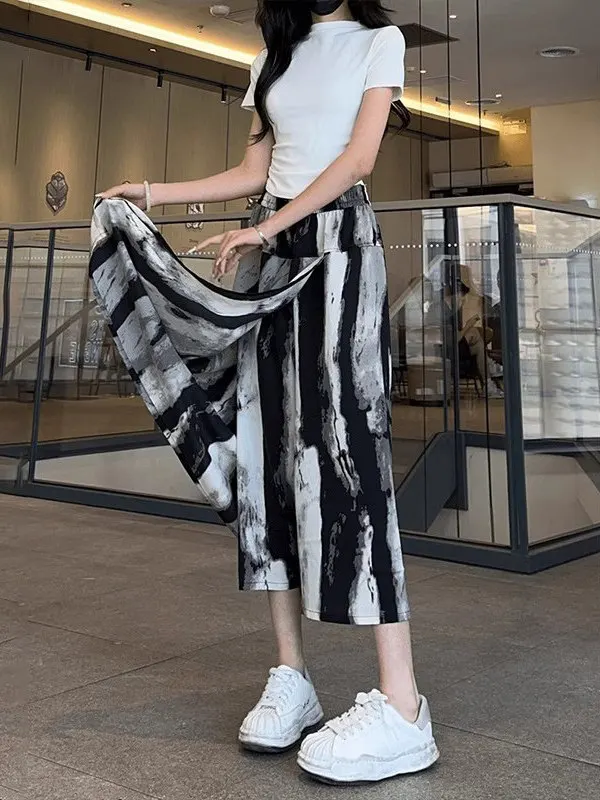 Summer Thin Chiffon Casual Skirt Pants Women Large Size Loose Water-Media High Waist Wide Leg Pants Draping Sensation