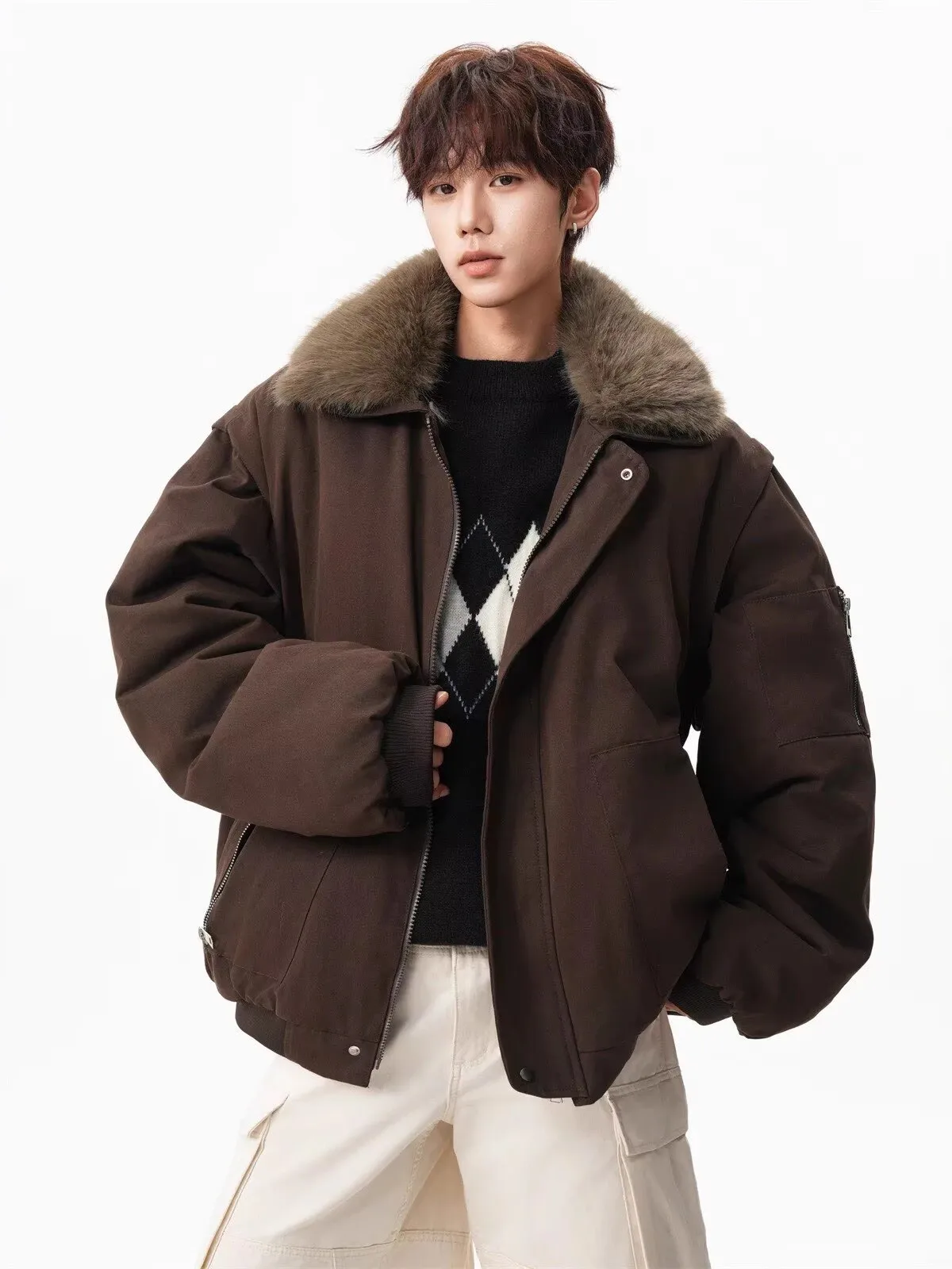 

Thiened Winter Cotton Jaet for Men with Large Fur Collar Hooded Warm Workwear Sle Ox Cloth Long Sve Zipper Closure