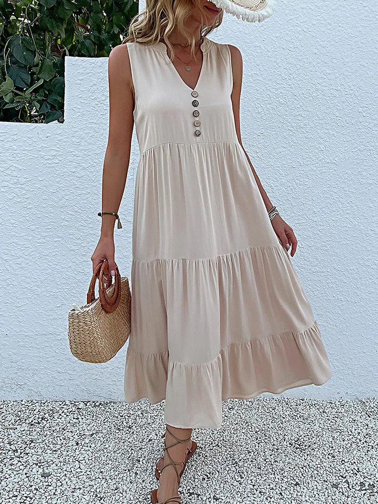 Casual Summer Midi Dress Women Sleeveless Tank V Neck Buttons Ruffle Loose Dresses Beach Soild Sundress Fashion