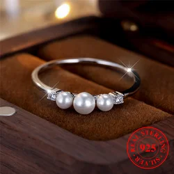 Female Real 925 Sterling Silver Round Pearl Engagement Ring Vintage Wedding Jewelry For Women