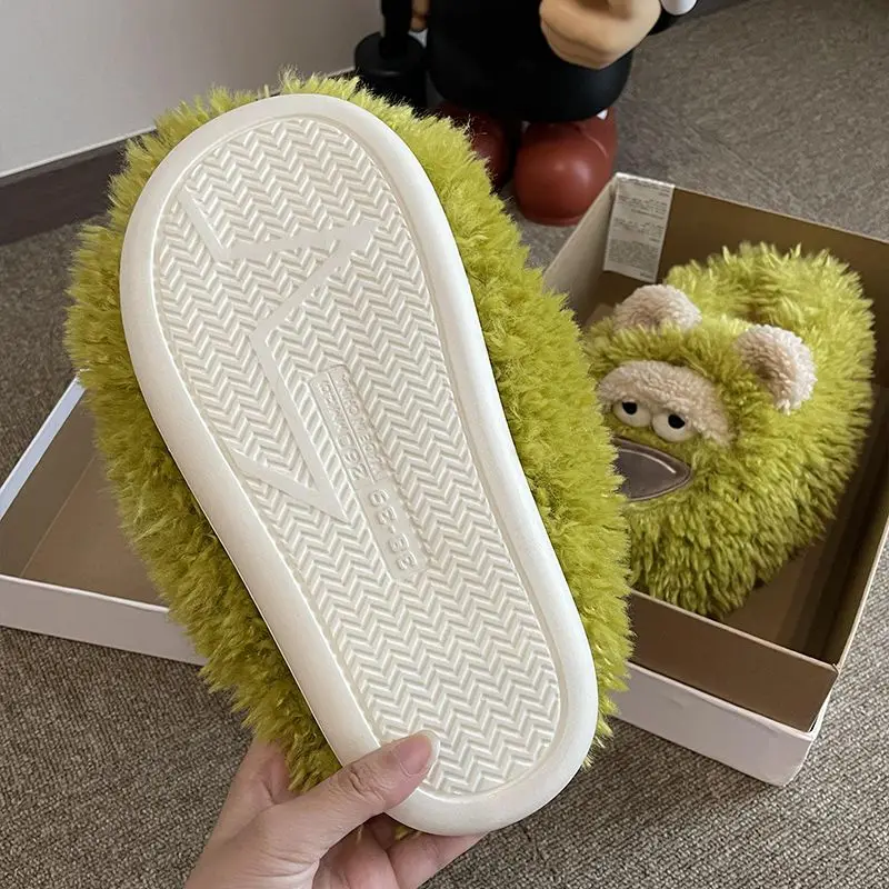 Cute Monster Fuzzy Slippers Women Winter Fluffy Plush Closed Toe Slides Cartoon Bear Ear Non Slip Indoor Home Warm House Shoes