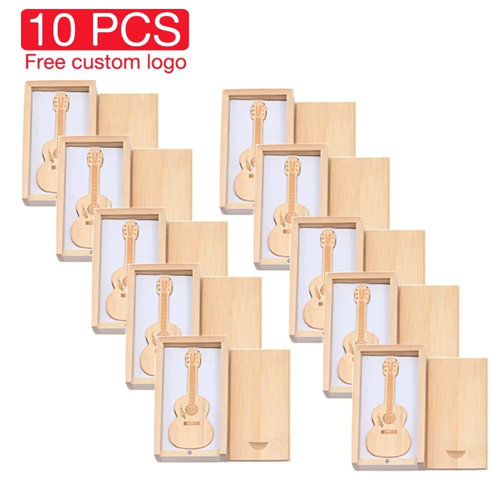 10 PCS LOT USB Flash Drives 128GB Wood Guitar Box Memory Stick 64GB Free Custom Logo Pen Drive 32GB Business Gift U Disk 16GB