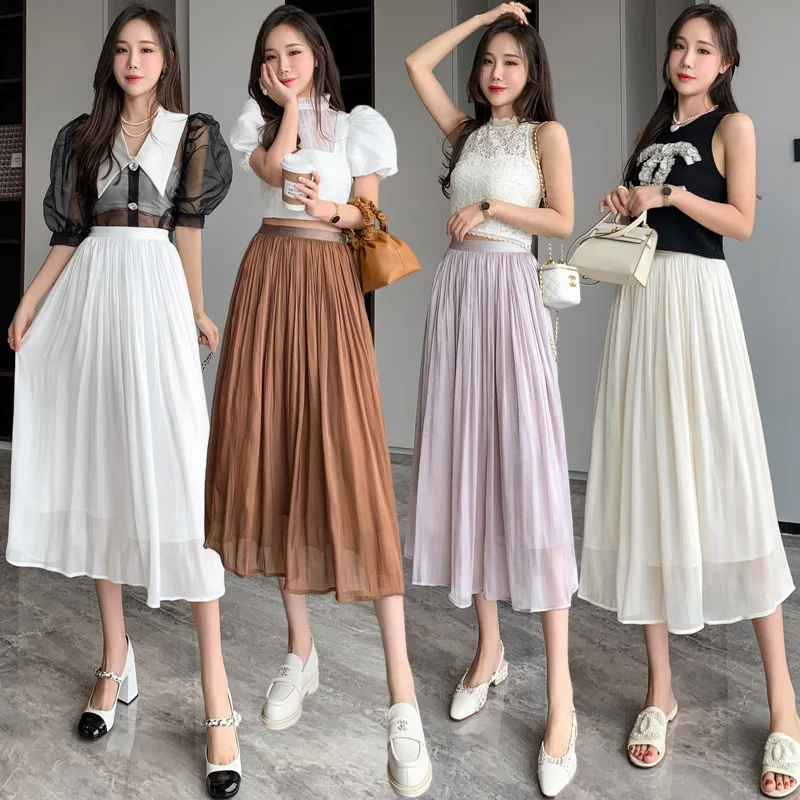 2022 Summer Streamer Pleated Skirts Women Korean Fashion Solid Color Elastic High Waist Loose Long Skirt Female Tulle Skirt