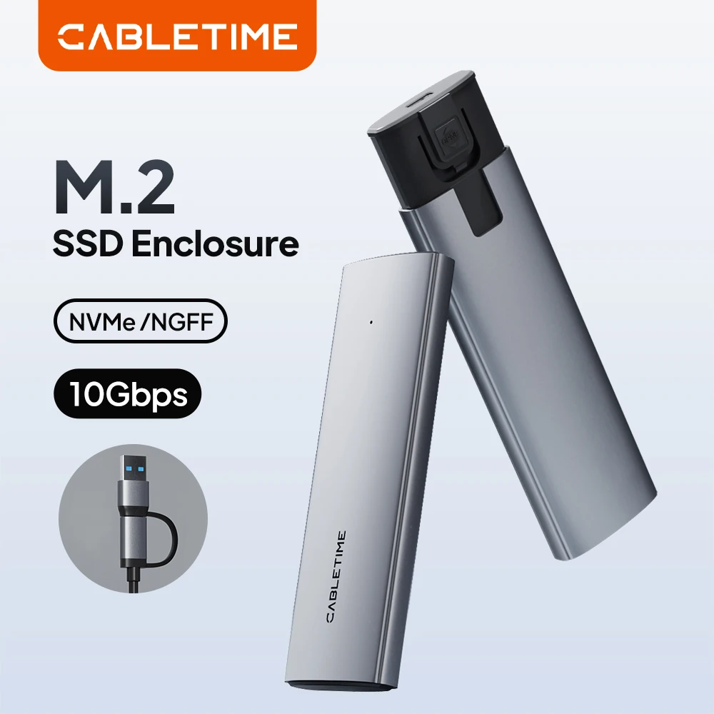 CABLETIME M2 SSD Enclosure NVMe PCIE SSD Box USB C 3.2 Gen2 10Gbps M.2 to USB C SSD Adapter for NVME PCIE NGFF SATA Disk