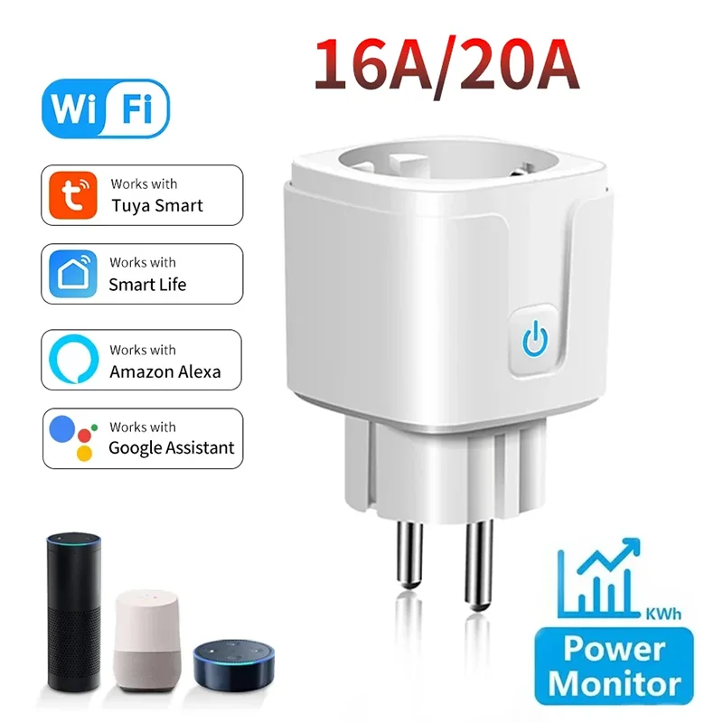 

Умная вилка Tuya WiFi 16A 20A EU AC100-240V с розеткой для мониторинга мощности Приложение Smart Life Alexa Google Home Голосовое управление