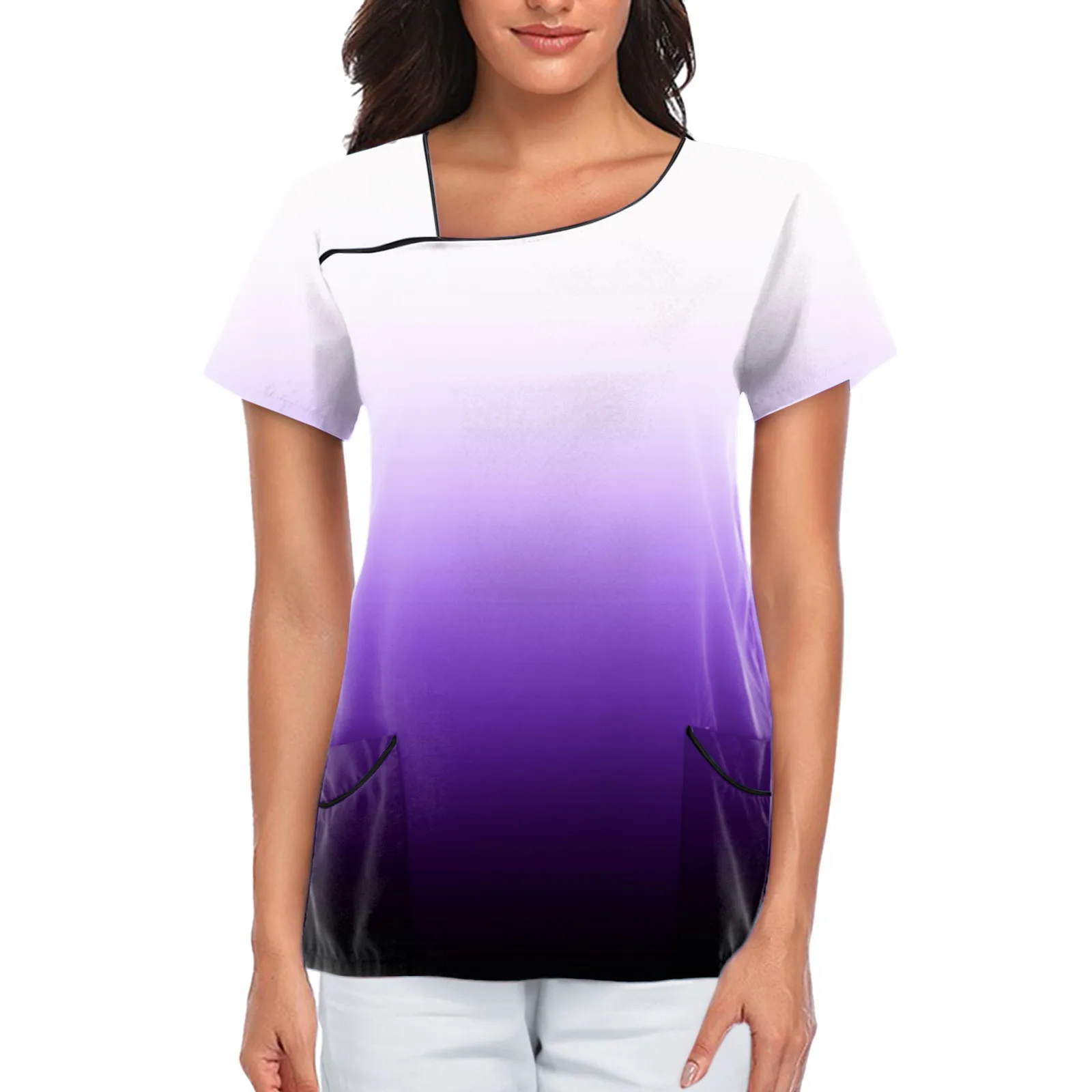 

Womens Gradient Breathable Short Sleeve Oversize Pullover Nurse Uniform Comfortable Versatile V-neck Tops Working Uniform