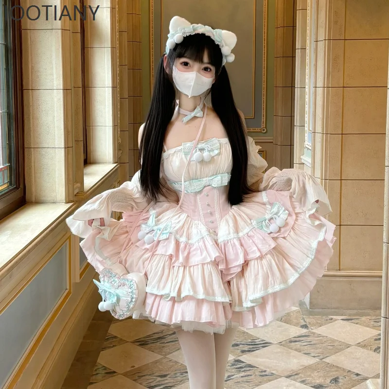 

Викторианское винтажное платье Лолиты, милое элегантное женское кружевное платье с оборками и жемчугом, тонкие бандажные платья принцессы, женское милое вечернее мини-платье