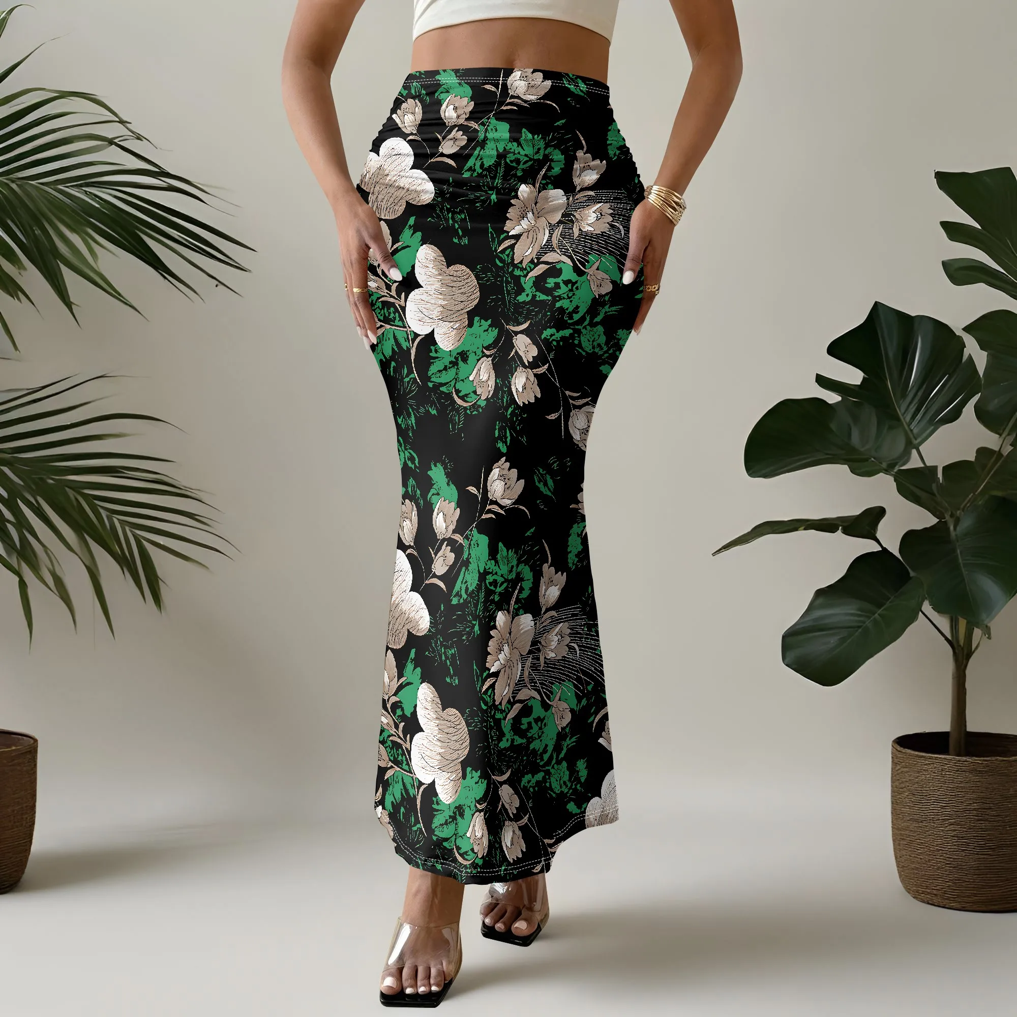 Floral Mermaid Skirt, Green Print Maxi, Elegant Ruffle Hem, Party Evening Wear, S-2XL