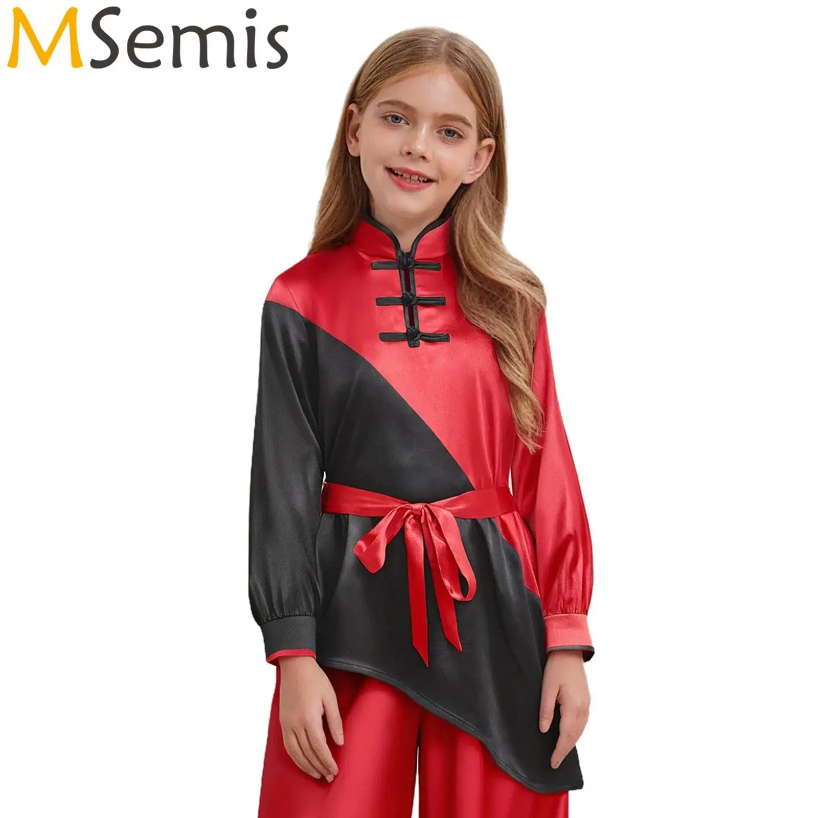 

Kids Boys Girls Kung Fu Uniform Tai Chi Wing Chun Martial Arts Outfit Mandarin Collar Side Slit Irregular Hem Top with Belt