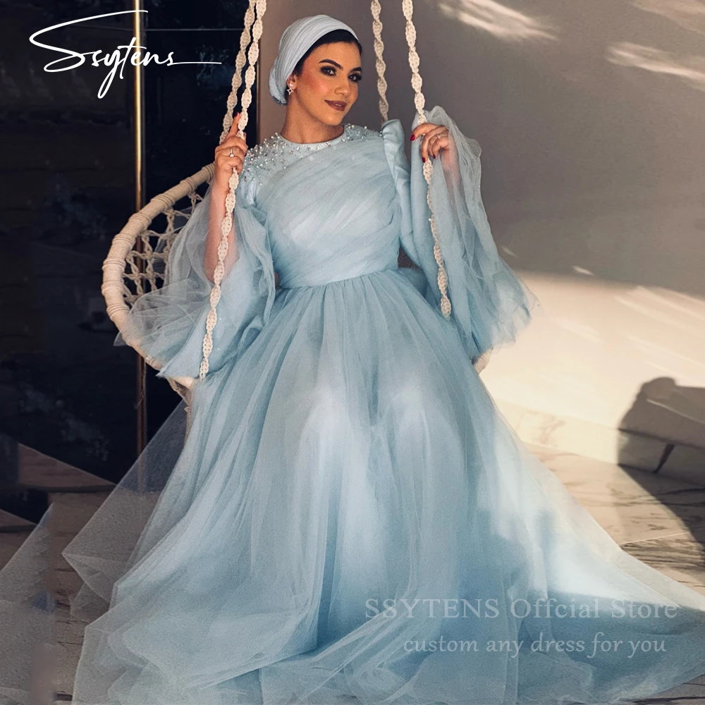 

SSYTENS Muslim Tulle Evening Dresses O Neck Flare Long Sleeves Modest Formal Women Prom Gowns Beading Blue Wedding Guest Outfits