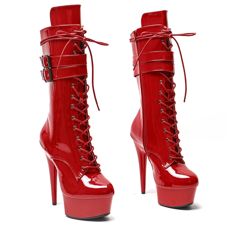 

Leecabe 15CM/6Inch patent leather Plus Size Pole Dancing Lace Up Boots Thin Heels Sexy Fetish Platform Women boot 4K