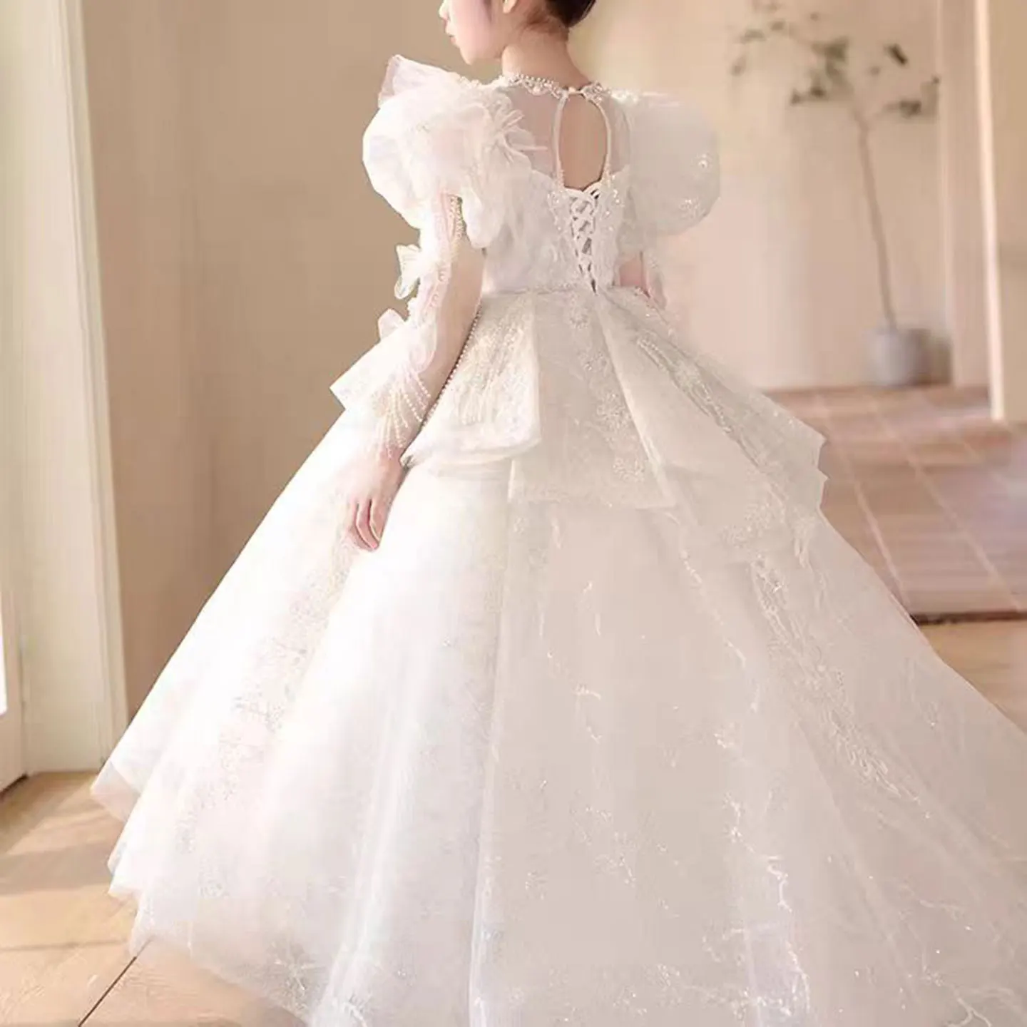 Jill Wish J324 Luxury White Crystal Girl Dress Court Train Long Sleeve Arab Kids Princess Wedding Birthday Party Pageant Gown