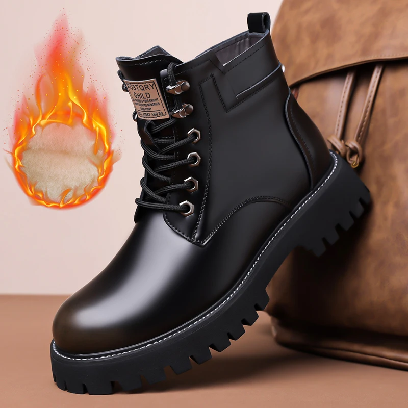 

Men High Top Workwear Boots PU Thick Soled Outdoor Shoes with Plush Cotton Men Boots