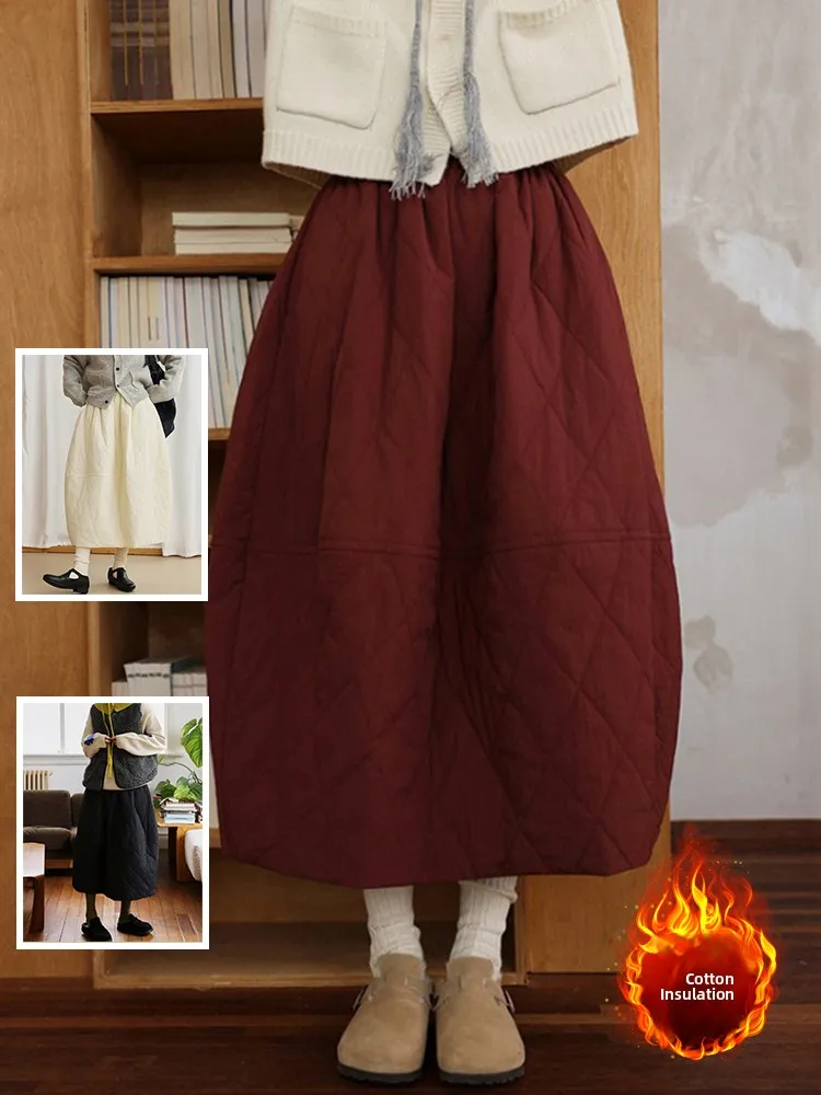 

Warm Pure Color Patchwork Diamond Stitching Cotton f Skirt Elastic Waist Slimming on aped Base Skirt for plus Size W...