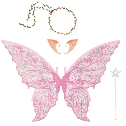 Fairy Wings for Adults and Girls，Fairy Costume Set with Floral Garland, Fairy Hair Tinsel, Wand & Elf Ears