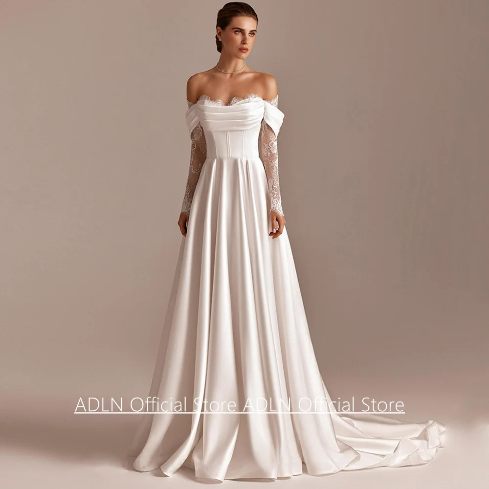 Modernes Hochzeitskleid Vestido De Noiva Maßgeschneidertes Sweetheart-Kleid mit Langen Ärmeln Drapiertem Rock A-Linie Schleppe Korsett Brautkleid