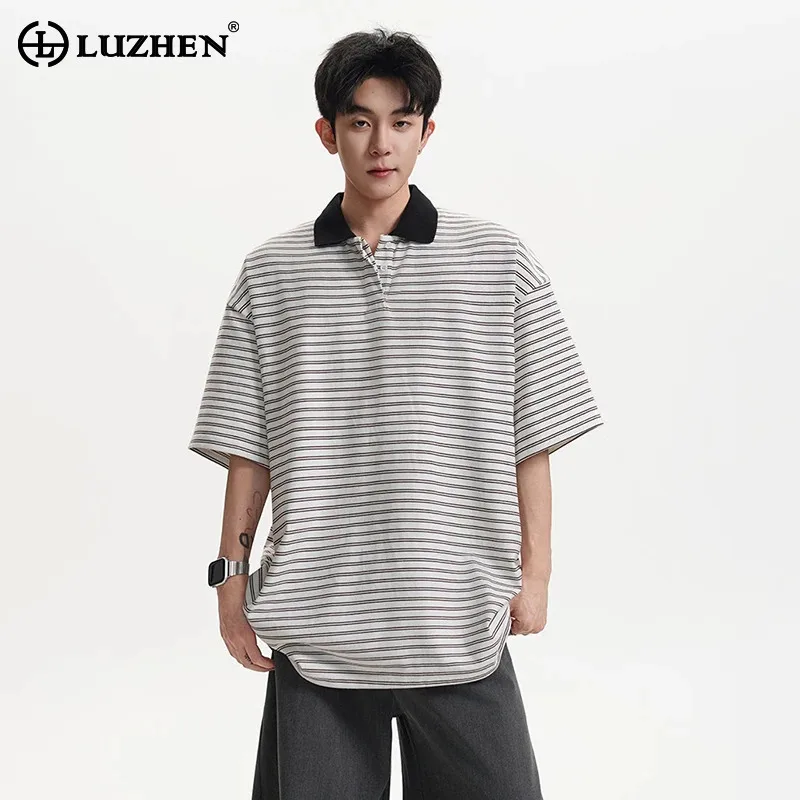 LUZHEN Elegant Loose 2026 Stripe Printed Summer Short New Sleeve Lapel T-shirts Men's Fashion Color Contrast Neck Tops JY8479
