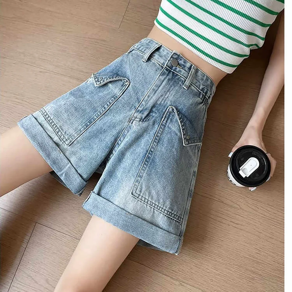 

Женские джинсовые шорты на лето 2024, свободные универсальные широкие брюки с высокой талией, элегантные шорты трапециевидной формы с закругленными краями