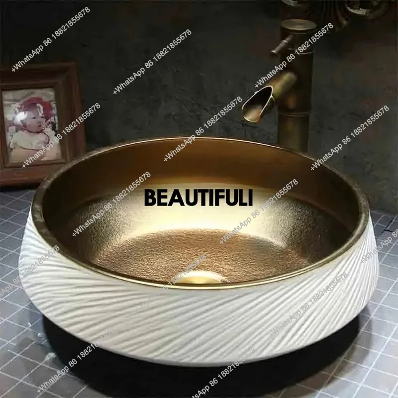 

R Round Golden Basin With Faucet Drainer Household Ceramic Basin European Washbasin Luxury Countertop Sinks 40*40cm