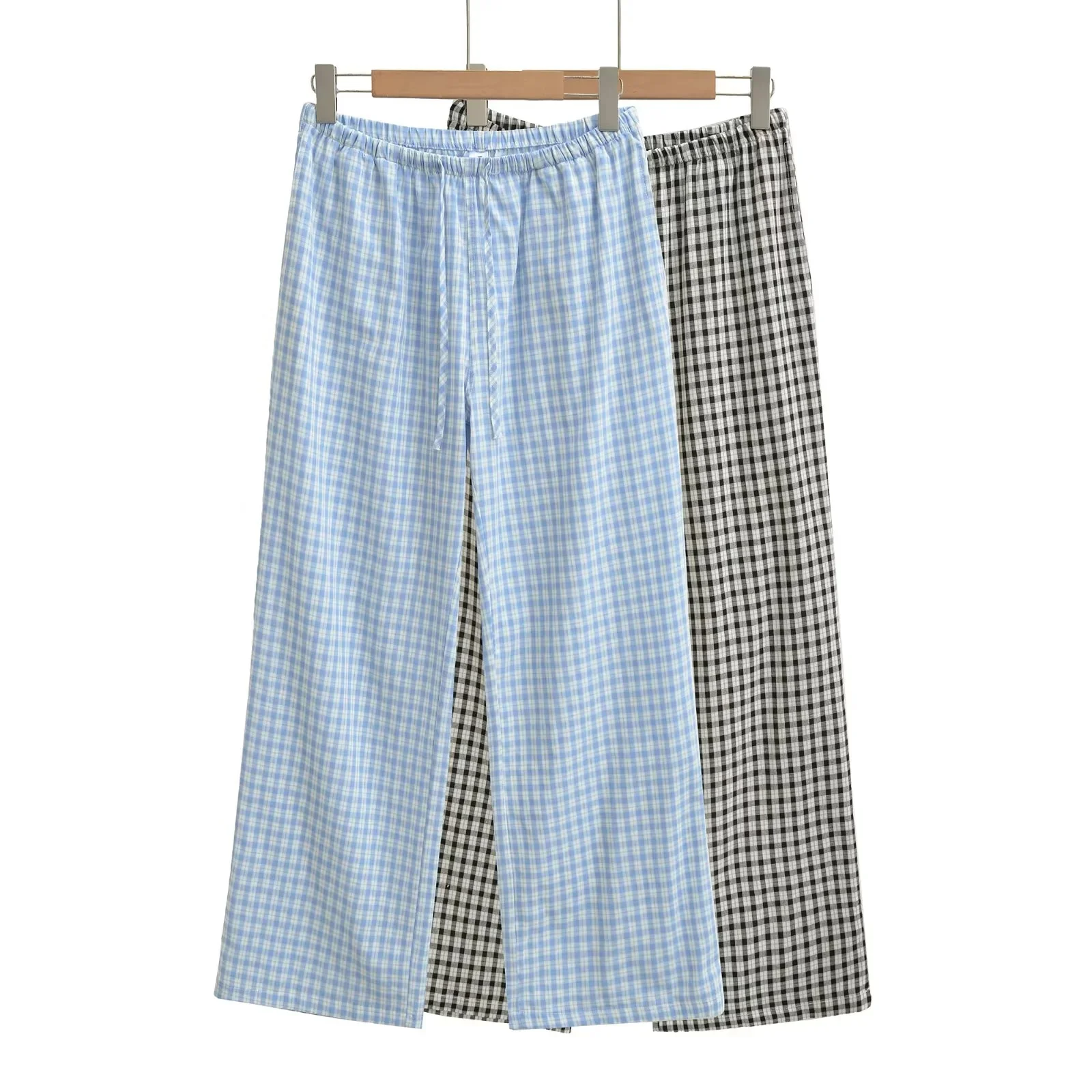 

American Style Loose Drawstring Plaid Women's Pants Summer 2026 New Retro Straight Leg Home Elastic Waist Wide Leg Pants
