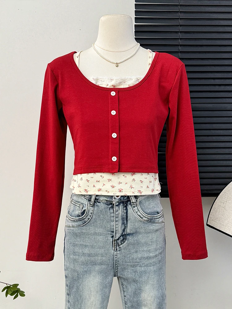 Patchwork Long Sleeved Floral T-shirt For Women 2024 Autumn New Slimming Short Tops Chic Simple Pullover Ladies Clothing