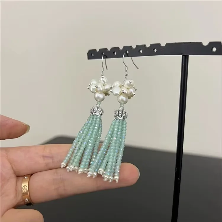 Natural Cultured White Pearl Green/Blue Agate Crystal CZ Gold Plated Hook Earrings CZ Fitting Handmade For Women