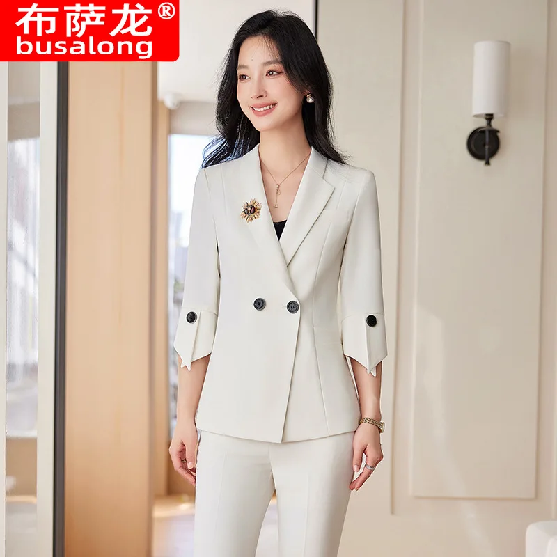 Spring Summer New Yellow Suit Set for Women Fashionable Elegant Professional Formal Wear Three Quarter Sleeve Blazer Flared Pant