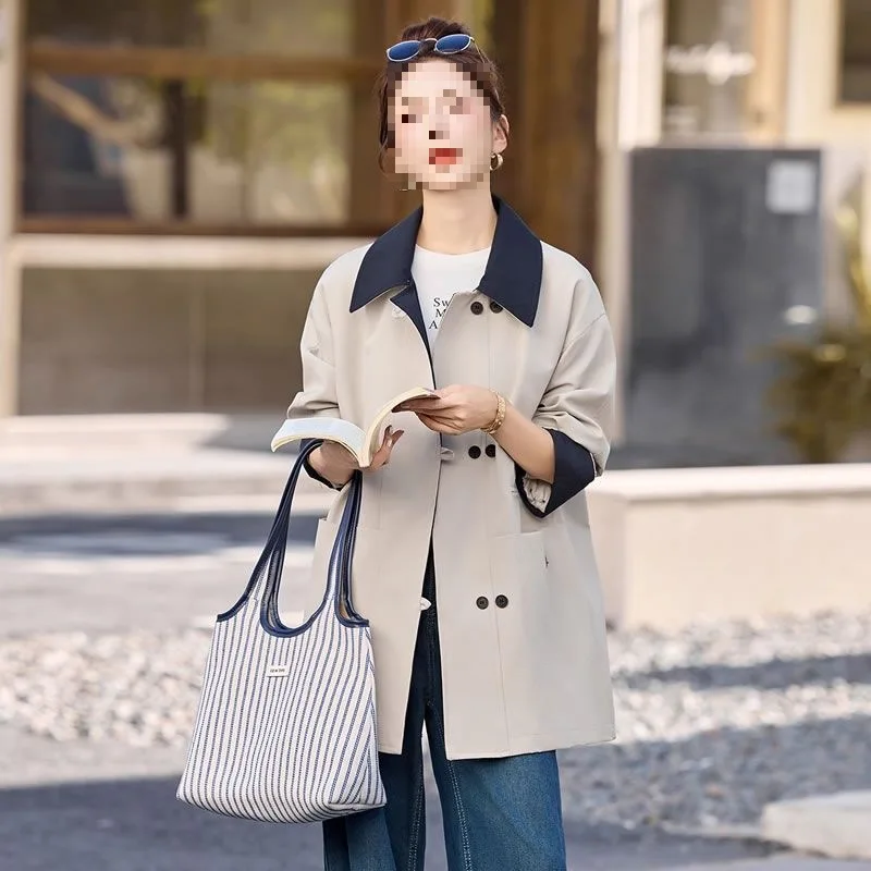 New Spring Autumn Women Mid Long Trench Coat New Casual Contrasting Color Splicing Female Windbreakers Outerwear Gabardina Mujer