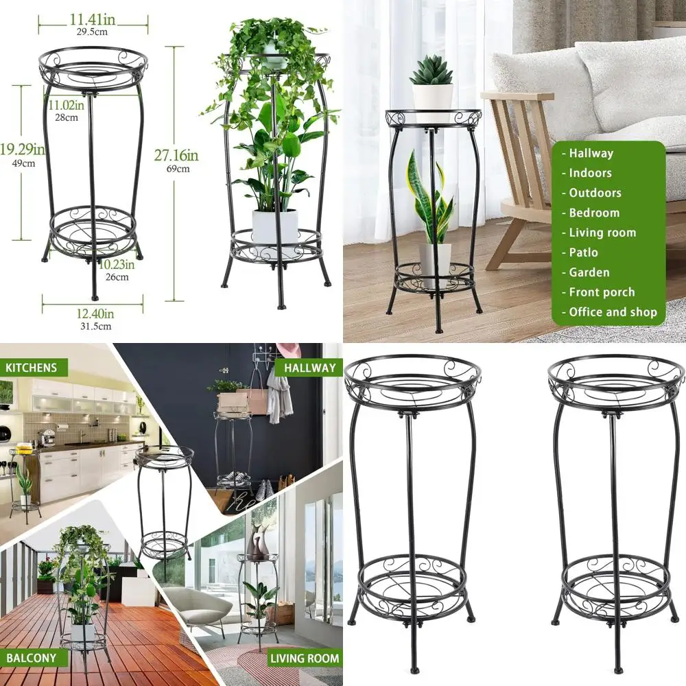 

Dual-Tier Indoor/Outdoor Tall Black Metal Plant Stand, Rust-Resistant, 27.1 Height, Ideal for Living Room and Garden