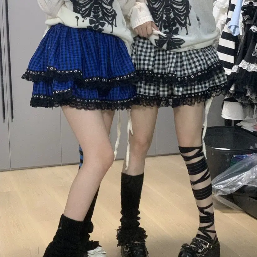 Kimotimo Sweet Cool Plaid Tiered Mini Skirt Women Preppy Style Black Blue Ruffled Cake Skirt Lace Trim Subculture Y2K
