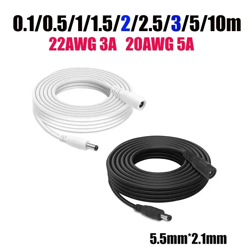 Cables de extensión CC 0,5/1/2/3/5/10m 5,5mm 2,1mm 5V 12V 3A 5A Cable de alimentación hembra macho para adaptador de corriente de tira LED cámara CCTV