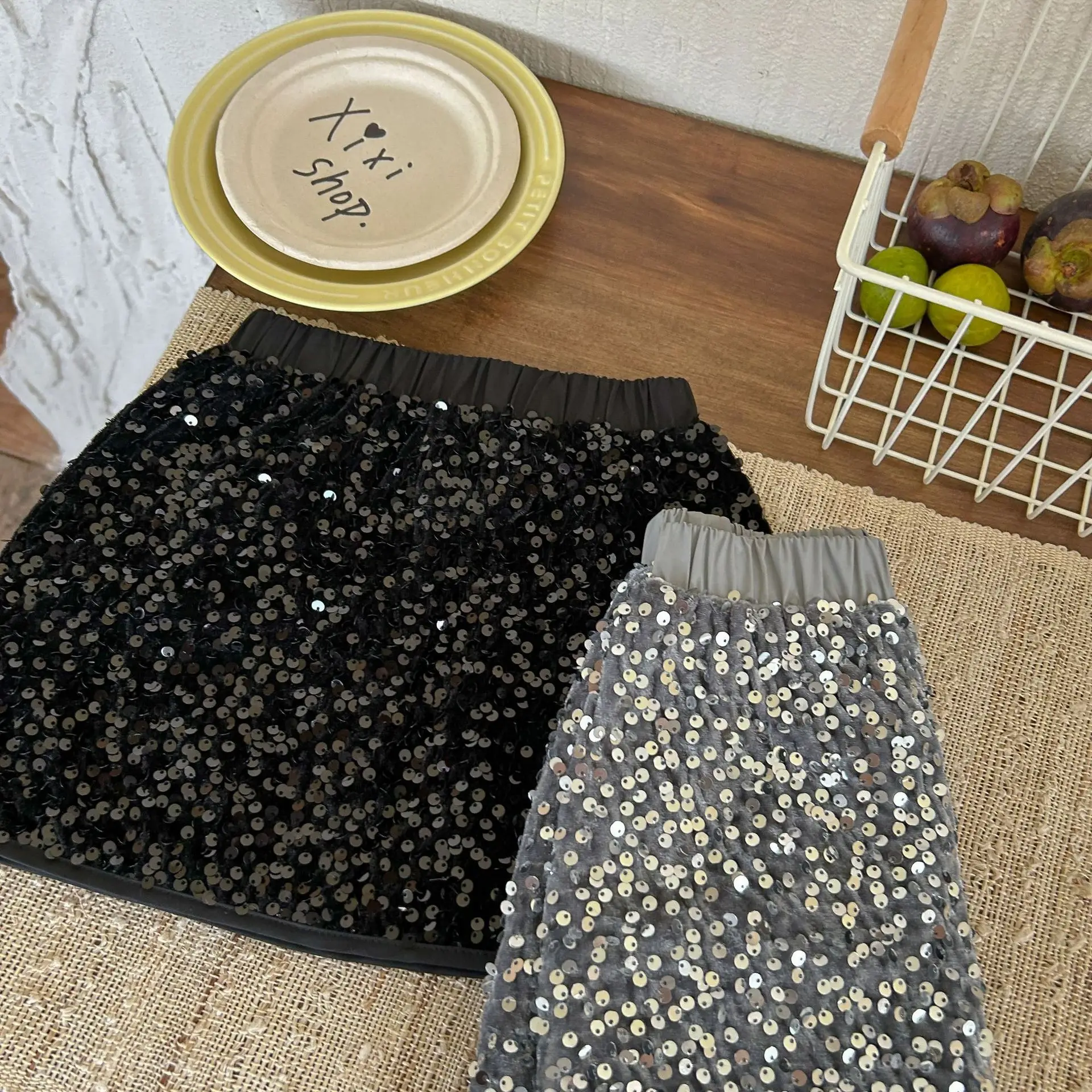 Girls Fashion Sequin Skirt 2023 New Autumn Winter Fashionable Skinny A-line Princess Casual Simple Sweet Girls Solid Color Skirt