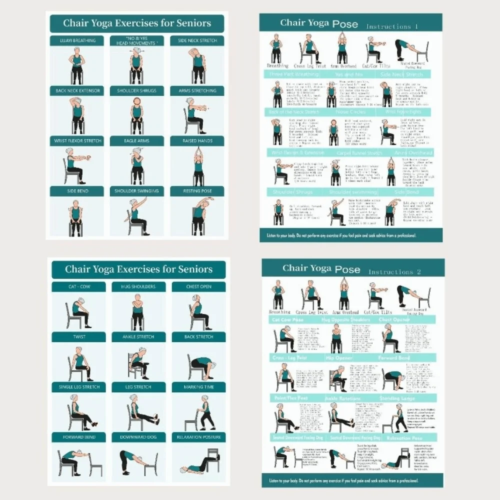 

Новые 4-листовые плакаты для йоги на стульях, красно-синие, 8x10 дюймов, руководства по фитнесу, физиотерапия, большие постеры для тренировок сидя для пожилых людей